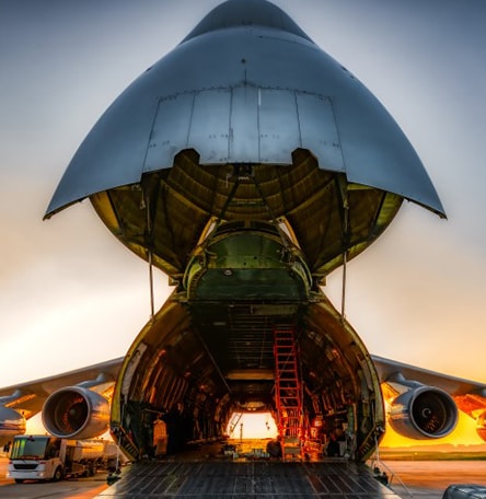 Cargo plane with nose open